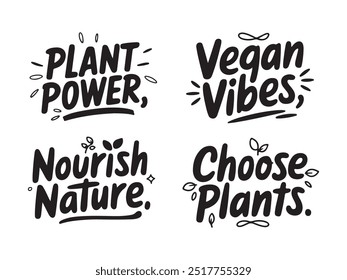 Conjunto de quatro desenhos tipográficos com tema vegano em preto-e-branco com motivos inspirados na natureza