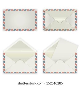 A set of four blank envelopes. The collection includes a front view, rear view and open the envelope and the envelope with the letter. Vector illustration.
