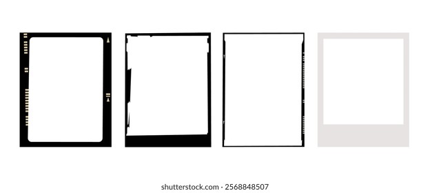 Set of four blank photo frames in various shapes. Frames include black and white designs. Ideal for photo display, photo editing, and creative projects. Instant photo frames, vector set.