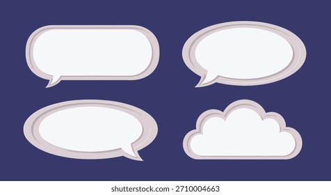 Conjunto de quatro bolhas de fala em branco em um estilo moderno de corte de papel com contornos roxos suaves em um fundo azul-marinho escuro.