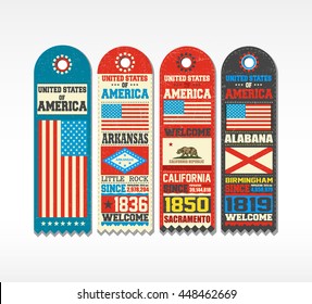 Set of four blanks with flags, cities and population, of United States Of America, Alabama, Arkansas, California. Elements for design with emblems and shapes.Sticker, banner, vector illustration.