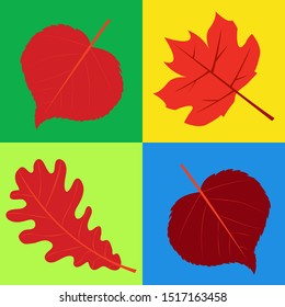 Set of four blocks with autumn leaves of oak, maple, linden on a colorful bright background. For cards, label design, notebook, packaging.