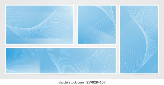 set of four blue abstract banners with wavy lines designs for business cards templates, banner, flyer, covering calendar, web banner, signs, website header, landing page, social media template element