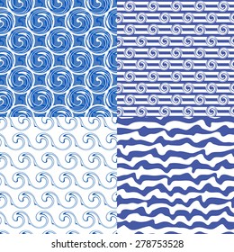 Set of four blue abstract geometrical seamless patterns. Summer backgrounds for your design