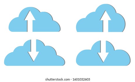 Set of four blue beautiful simple digital cloud icons with arrows download. Concept: cloud technologies and services, remote storage of information. Vector illustration.