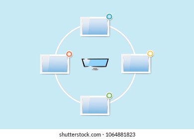 Set of four blue blank rectangle monitors ready for your text around  PC monitor.