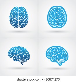 Set of four blue brain icons. Top and side view