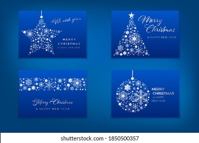 Set of four blue christmas cards with silver ornaments. Vector illustration.