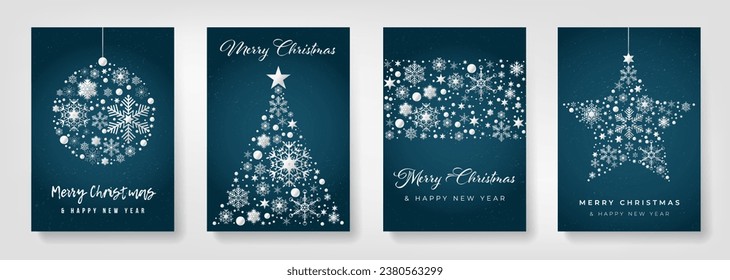 Juego de cuatro tarjetas de navidad azules con adornos de navidad - bola, árbol, raya y estrella - creadas a partir de copos de nieve de plata y blanco. Ilustración vectorial.