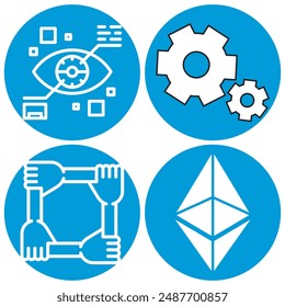 Set of four blue circular icons including an eye with digital elements, gears, hands in unity, and a geometric symbol. Perfect for technology, teamwork, and innovation themes