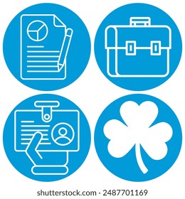 Set of four blue circular icons featuring a document with a pencil, briefcase, ID card, and clover. Ideal for business, personal identification, and luck themes