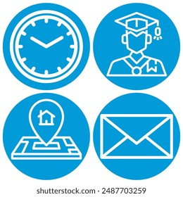 Set of four blue circular icons featuring a clock, graduate, location pin on a map, and an envelope. Perfect for business, education, communication, and navigation themes