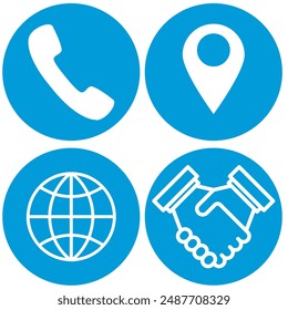 Set of four blue circular icons depicting phone, location, globe, and handshake symbols. Perfect for communication, navigation, global business, and partnership projects