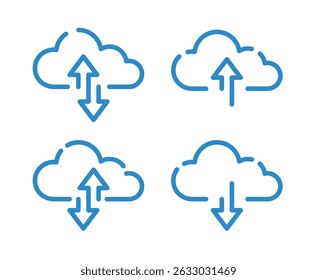 set of four blue cloud icons with arrows indicating upload, download, and data synchronization, symbolizing various cloud computing functions on a white. Cloud icon set Upload download cloud arrow