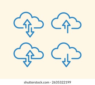 set of four blue cloud icons with arrows indicating upload, download, and data synchronization, symbolizing various cloud computing functions on a white background