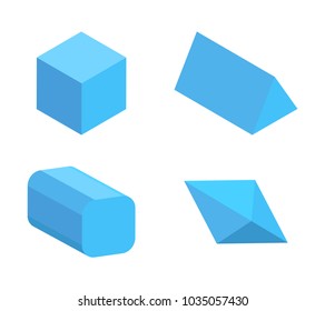 Set of four blue geometric figures, vector cube and triangular prism, illustration of octahedron and cuboid with smooth ribs, geometric objects set
