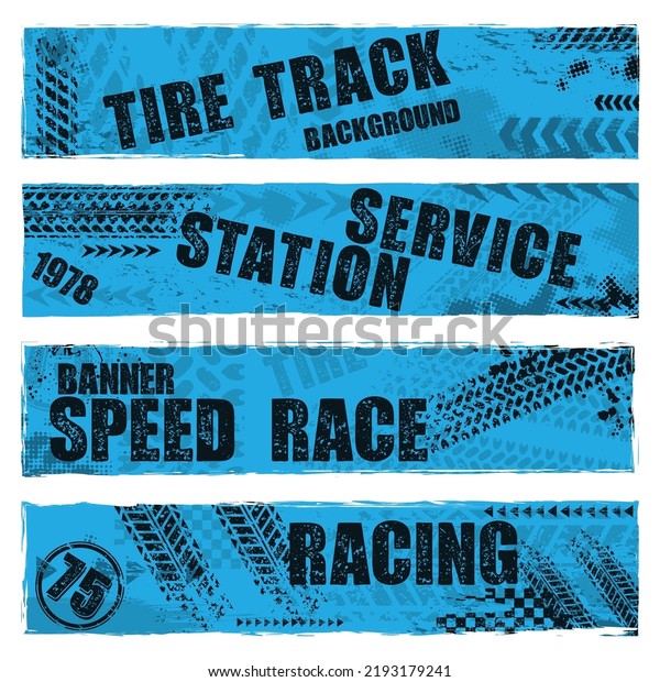 Set of four\
blue grunge banners with different tire track marks and sample\
text. Custom made transportation design elements for defferent\
sport competitions and\
invitations