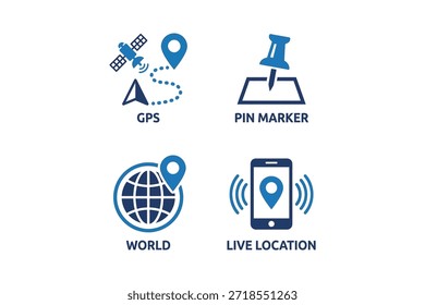 Un conjunto de cuatro iconos azules que representan los conceptos de GPS, navegación y ubicación, incluido el seguimiento por satélite, marcadores de pin, posicionamiento global y uso compartido de ubicación en vivo.