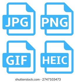 Set of Four Blue Image File Format Icons for JPG, PNG, GIF, and HEIC