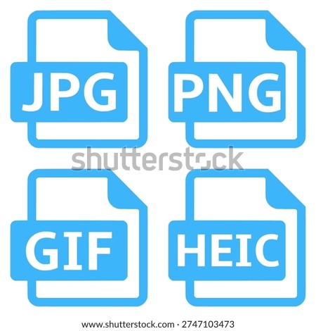 Set of Four Blue Image File Format Icons for JPG, PNG, GIF, and HEIC