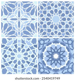 Conjunto de quatro padrões geométricos islâmicos azuis com intrincados desenhos simétricos. Conjunto de padrões contínuo.