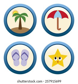 a set of four blue labels with different summer items