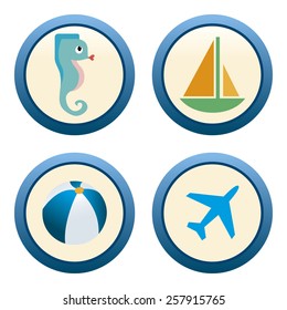 a set of four blue labels with different summer items