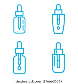 Set of four blue line art icons featuring medicine dropper bottles, skincare serum containers, and cosmetic liquid vials.