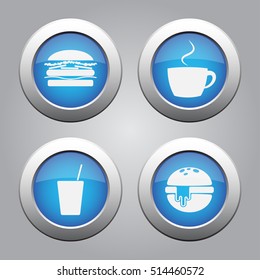 Set of four blue metallic buttons with shadow. White fast food icons. Hamburger, cheeseburger, drink and coffee.