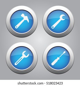 Set of four blue metallic buttons with shadow. White tools icons. Claw hammer, spanners and screwdriver.