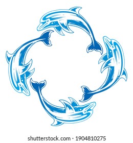 Set Of Four Blue Nuanced Dolphins Vector illustration. Dolphin Silhouette Isolated On white Background