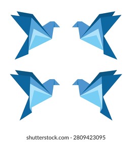 Set of four blue origami birds on white background, symbolizing peace and harmony