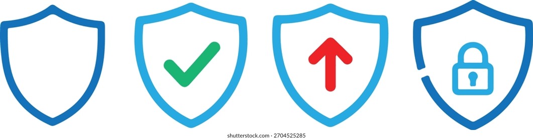 Conjunto de cuatro iconos de escudo de contorno azul que representan el Estado de seguridad vacío, verificado con marca de verificación verde, Cargar con flecha roja y bloqueado con el símbolo de candado, aislado en fondo transparente