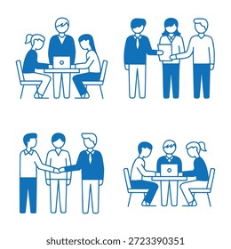 Eine Reihe von vier blauen Konturvektorsymbolen, die verschiedene geschäftliche Interaktionen veranschaulichen, darunter Teammeetings um einen Tisch mit einem Laptop, ein formeller Präsentationsaustausch, ein professioneller Handschlag und ein