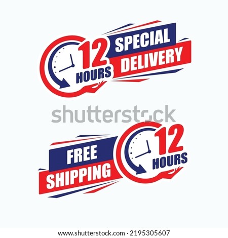 Set of four blue and red abstract clock silhouettes with human hand and text. Business hours for work and rest. Free and fast delivery or shipping stikers