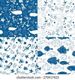 Set of four blue seamless pattern. Sea animals: fish, whale, octopus and jellyfish. Nautical vector backgrounds.