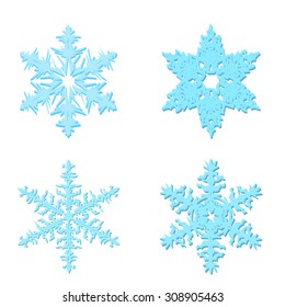 A set of four blue snowflakes on a white