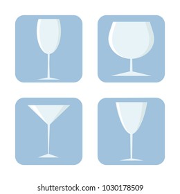 Set of four blue square wineglass icons in flat style.