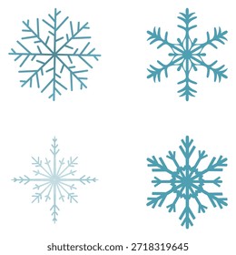 Set of four blue and teal snowflake icons in various geometric shapes. High-quality EPS vector elements for winter weather graphics, holiday designs, and seasonal backgrounds.