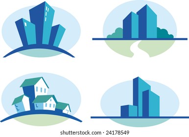 Set of four blue urban icons