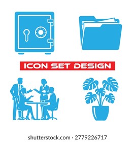 A set of four blue vector icons depicting a security