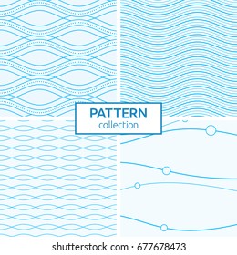 Set of four blue wavy vector seamless patterns. Abstract geometric trendy color backgrounds.  Minimalistic design. Linear style. Modern stylish textures of blue waves, smooth lines and circles.