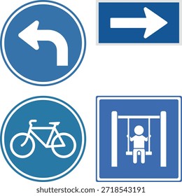 Conjunto de quatro sinais de trânsito e segurança azuis e brancos, incluindo bicicleta à esquerda e vetor de playground