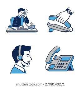 A set of four blue and white vector illustrations showing a man on a phone call, a hand picking up a receiver, a headset user, and a desk phone.