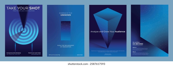 Set of four blue-themed business posters. Keywords: innovation, audience, growth. Embrace innovation, analyze audience, grow business. Modern, sleek design. Innovative modern geometric templates.