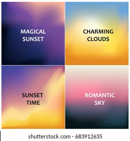 Set of four blurred backgrounds. Magical sunset, charming clouds, sunset time and romantic sky. Vector illustration