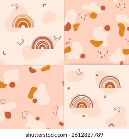 Set of four bohemian colors minimalistic kid seamless patterns. Its contains colored spots, rainbows, twigs, cute clouds with colored raindrops. Also dots and lines of different shapes.