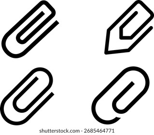 Un conjunto de cuatro iconos de contorno negro audaz que representan papelería de oficina común: clips y un lápiz. Símbolos de Vector limpios adecuados para UI, Sitios web, presentaciones y proyectos de marca.