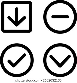 Um conjunto de quatro ícones preto e branco em negrito: uma seta de download em um quadrado, um sinal de menos em um círculo, uma marca de seleção em um círculo e uma seta suspensa em um círculo.