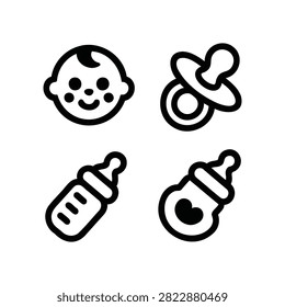 Set of four bold, black and white baby-themed icons including a smiling baby face, a pacifier, and two different baby bottles. Excellent for newborn apparel, baby shower invitations, or parenting blogs.